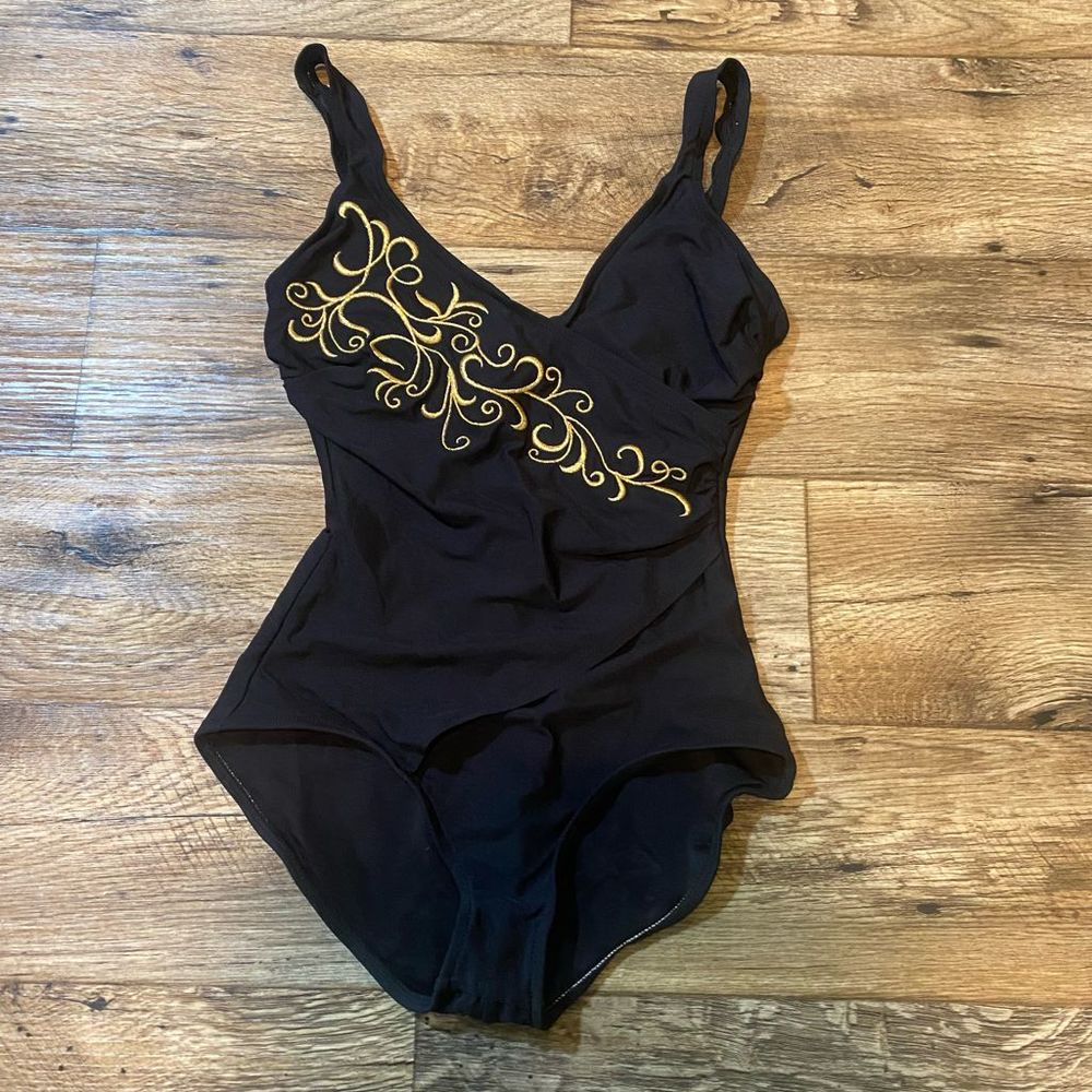 Vintage SlimSuit Solid Black w/ Gold Swirl Embroidery Size 10
